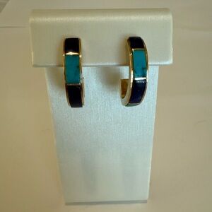 14K Gold Turquoise & Lapis Inlay Huggy Style Post Earrings by Tony Sanchez